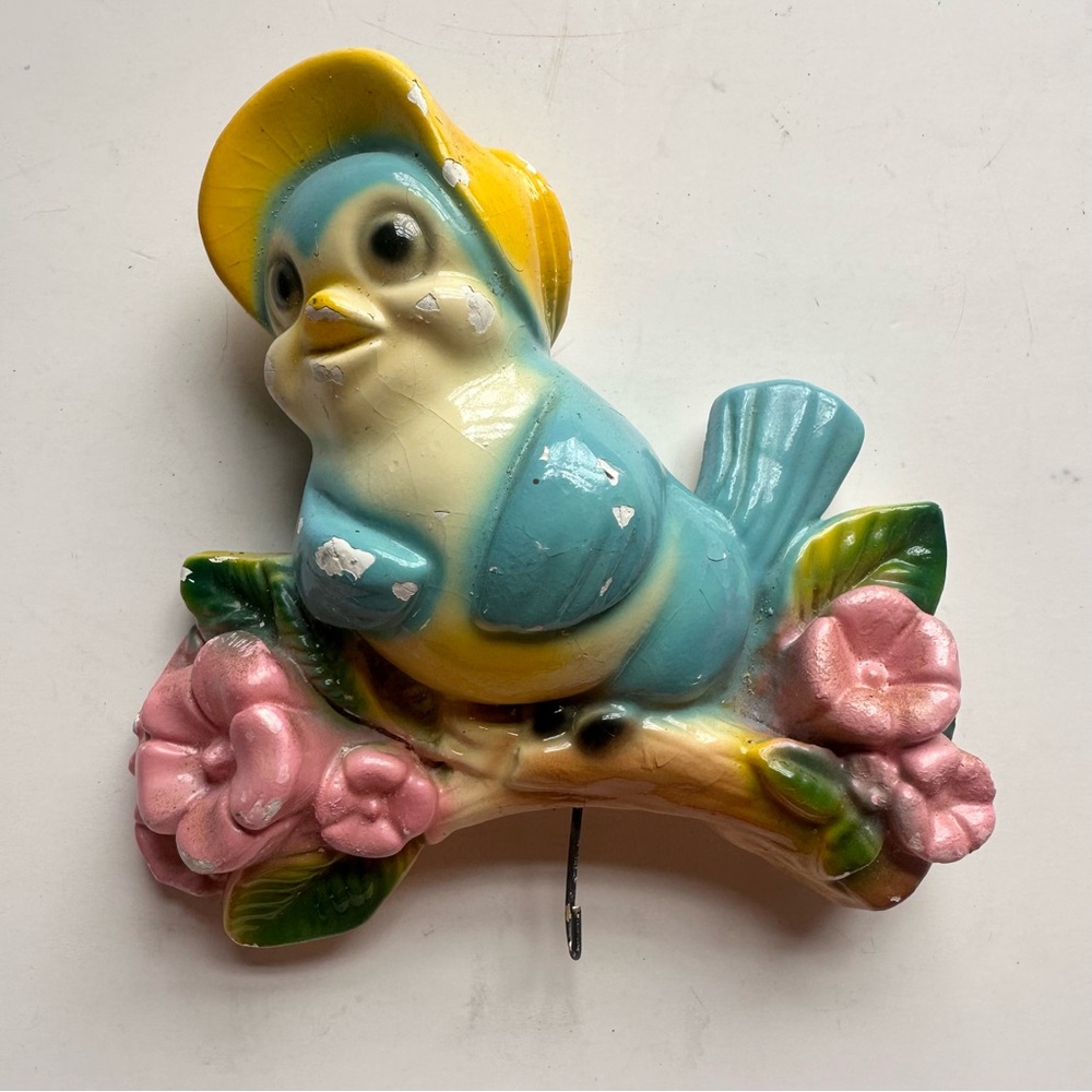 Vintage 50s Chalkware Blue Bird Kitchen Hook Wall Decor Mid Century